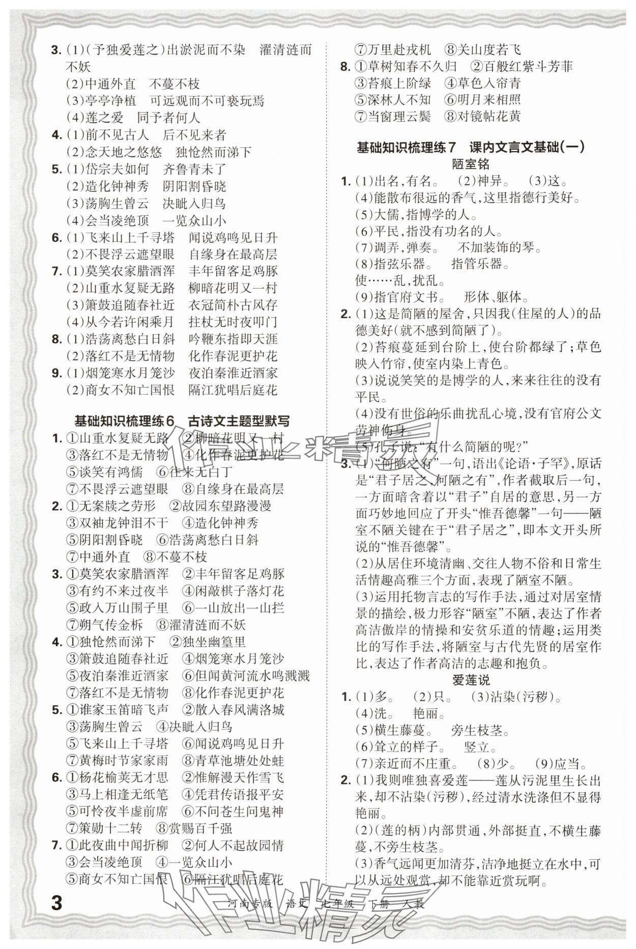 2025年王朝霞各地期末试卷精选七年级语文下册人教版河南专版&nbsp;参考答案第3页