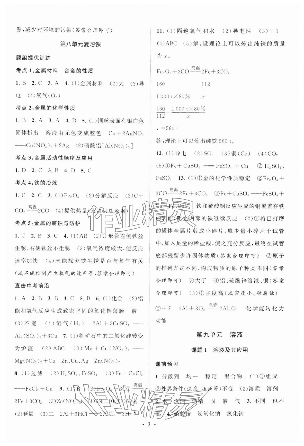 2025年课时提优计划作业本九年级化学下册人教版&nbsp;参考答案第3页