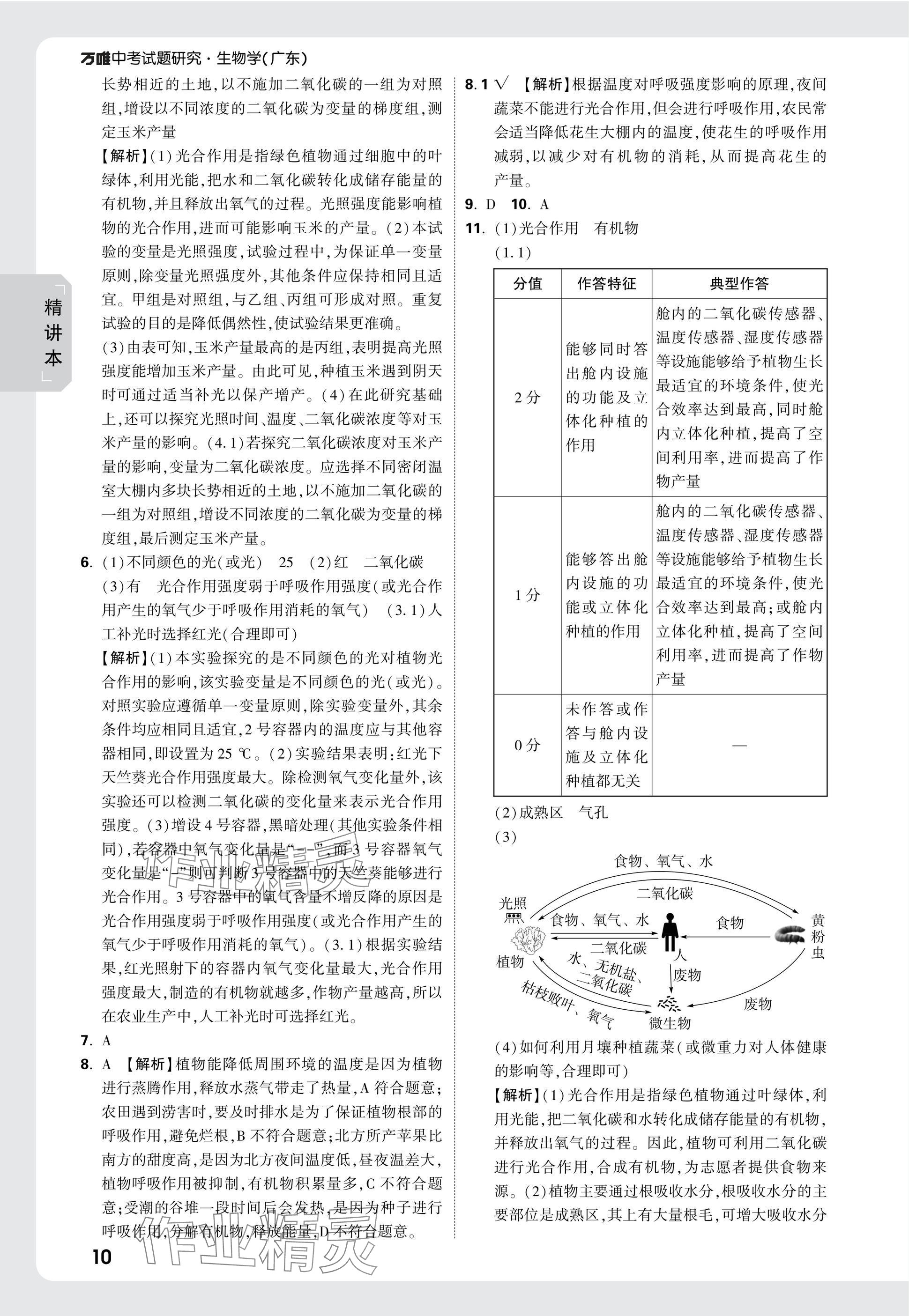 2025年万唯中考试题研究生物广东专版&nbsp;参考答案第10页