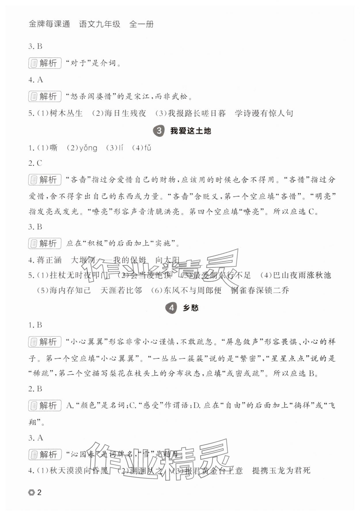 2025年点石成金金牌每课通九年级语文全一册人教版辽宁专版&nbsp;参考答案第2页