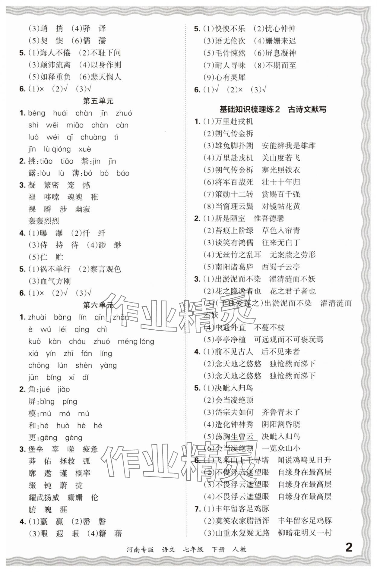 2024年王朝霞各地期末试卷精选七年级语文下册人教版河南专版&nbsp;参考答案第2页