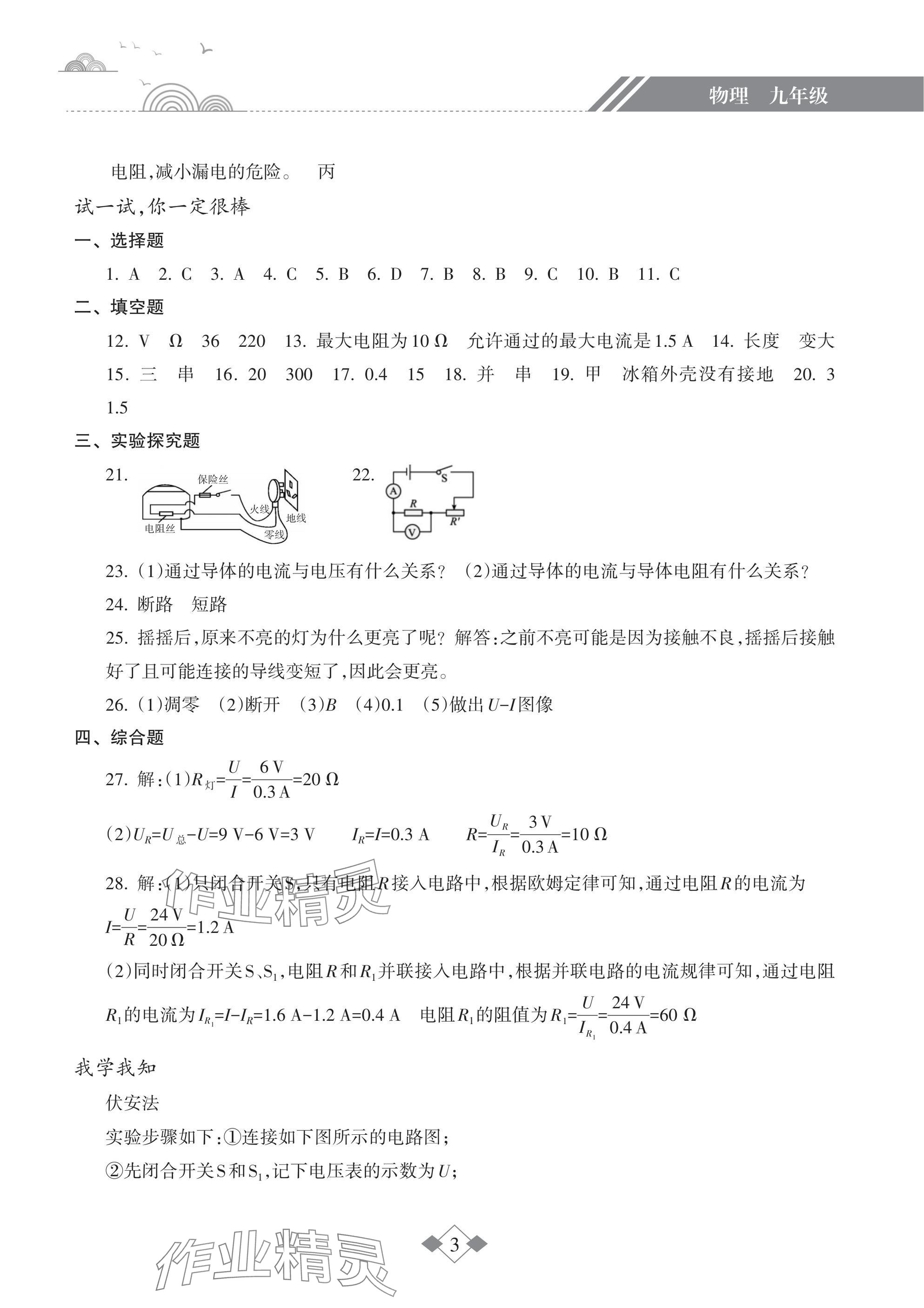 2025年寒假乐园海南出版社九年级物理&nbsp;参考答案第3页