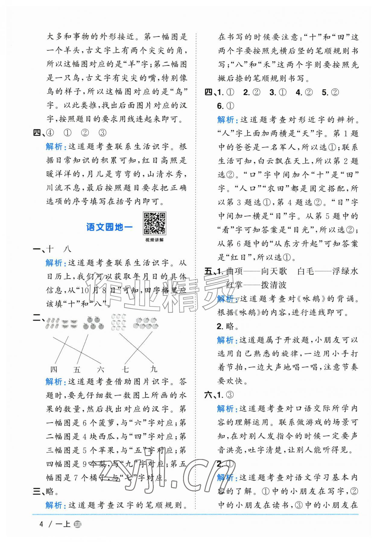 2026年阳光同学课时优化作业一年级语文上册人教版五四制&nbsp;参考答案第4页