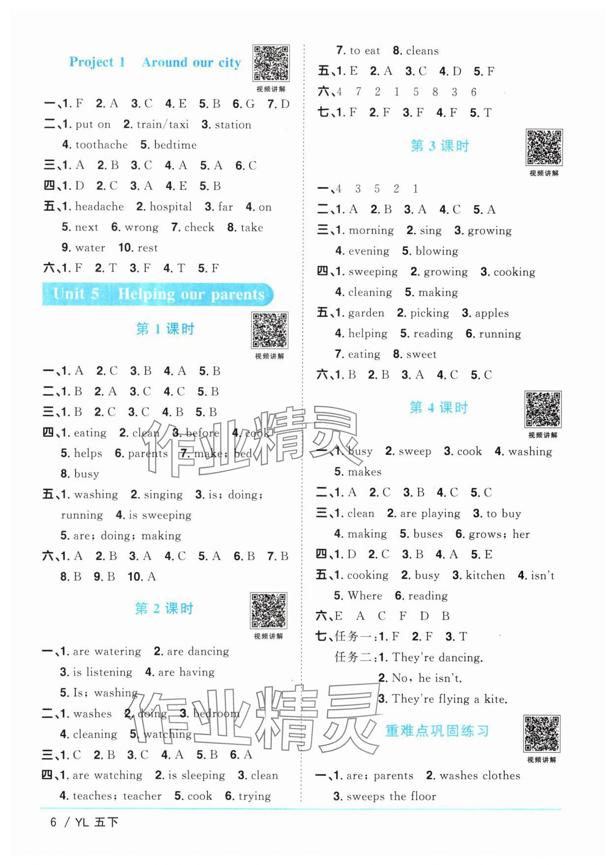 2024年阳光同学课时优化作业五年级英语下册译林版江苏专版&nbsp;参考答案第6页