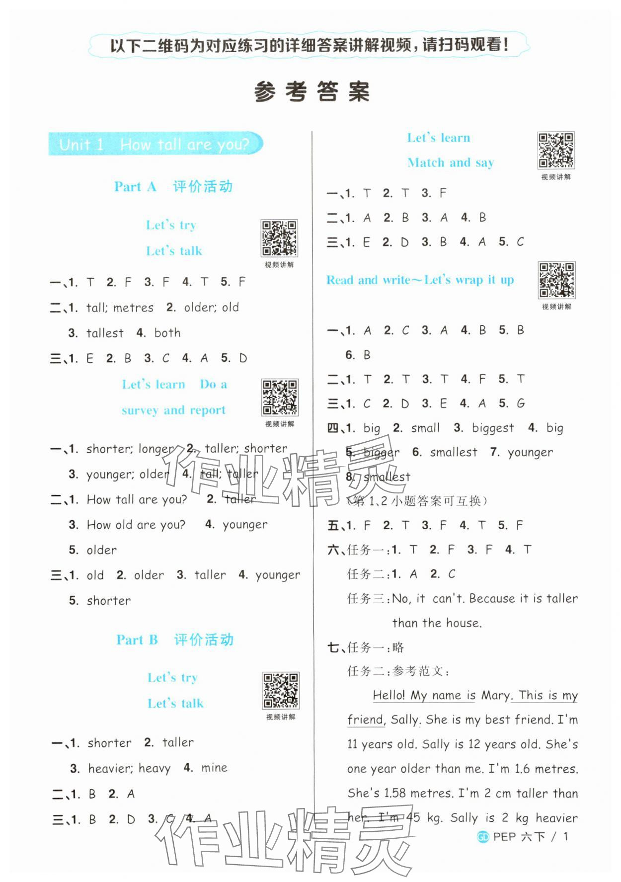 2025年阳光同学课时优化作业六年级英语下册人教版广东专版&nbsp;参考答案第1页