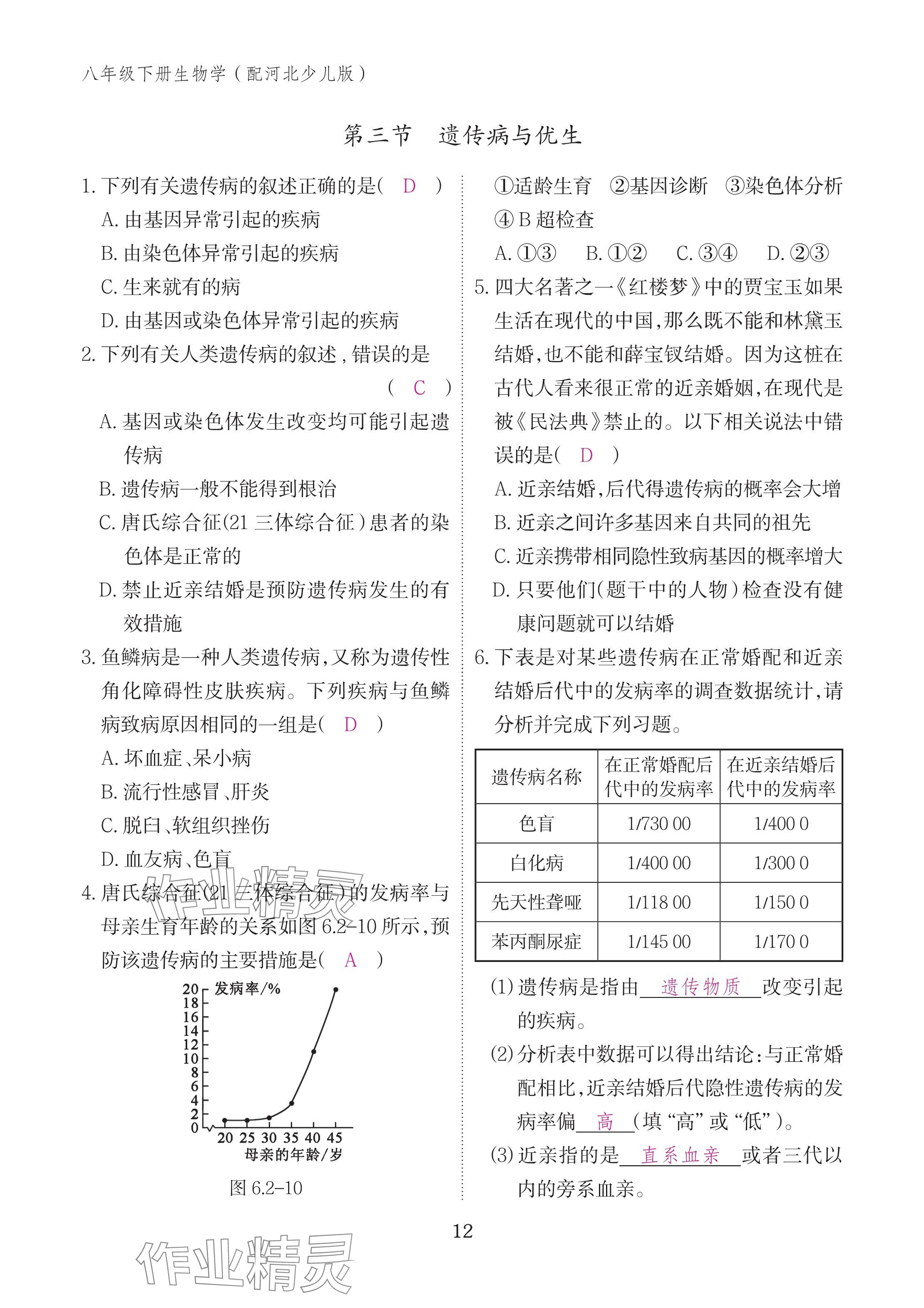 2025年作业本江西教育出版社八年级生物下册冀少版&nbsp;参考答案第12页