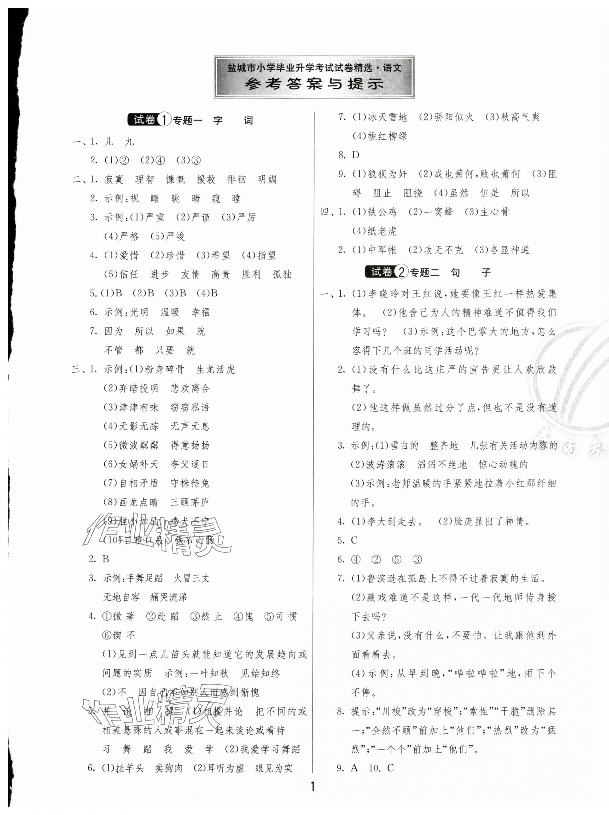 2025年盐城市小学毕业升学考试试卷精选语文&nbsp;第1页