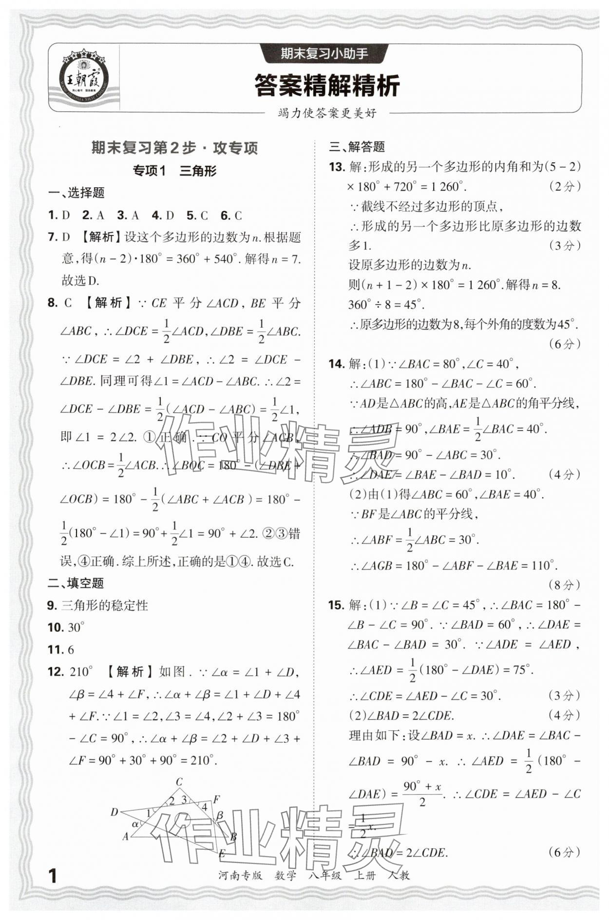 2024年王朝霞各地期末试卷精选八年级数学上册人教版河南专版&nbsp;参考答案第1页