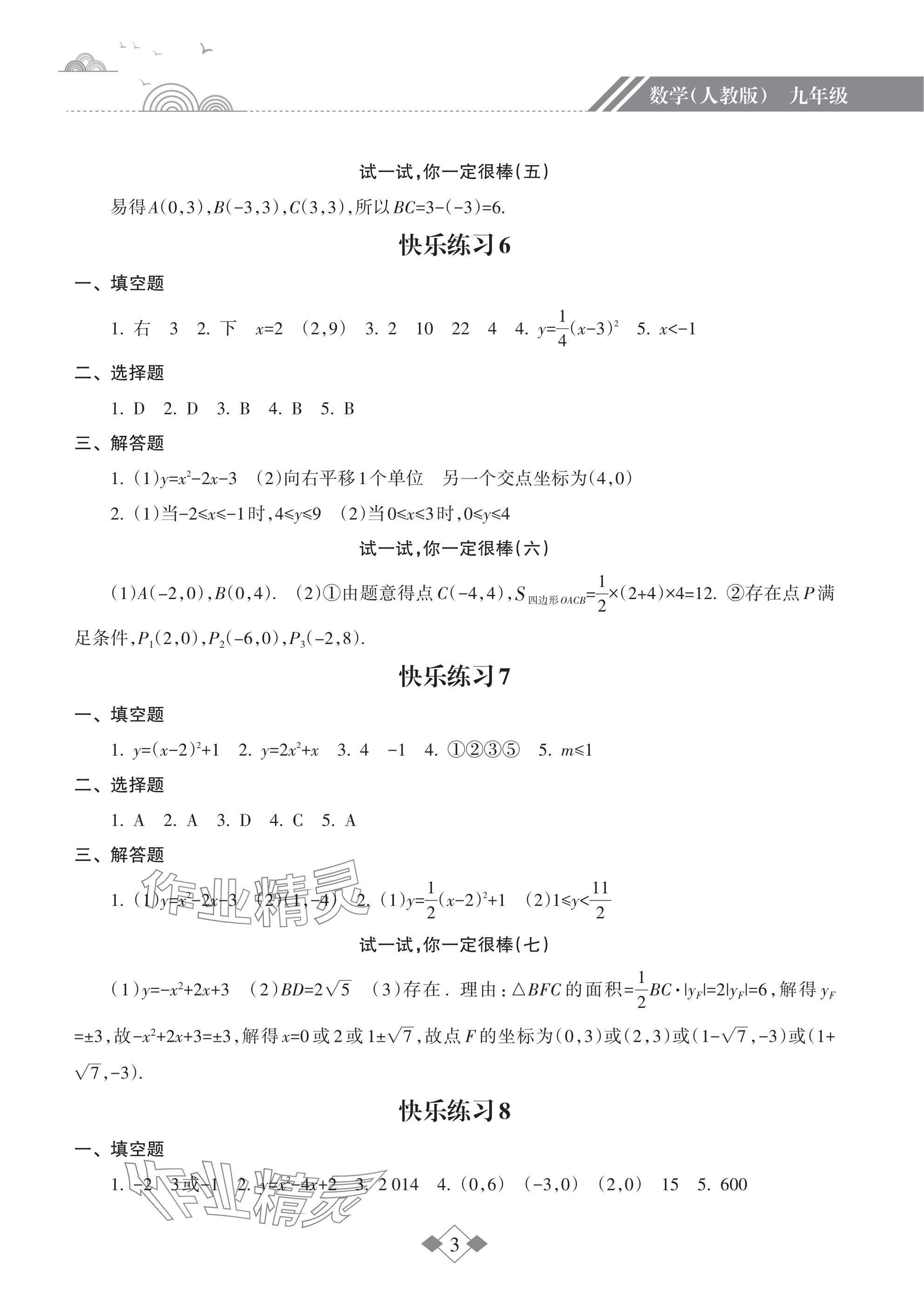 2025年寒假乐园海南出版社九年级数学人教版&nbsp;参考答案第3页