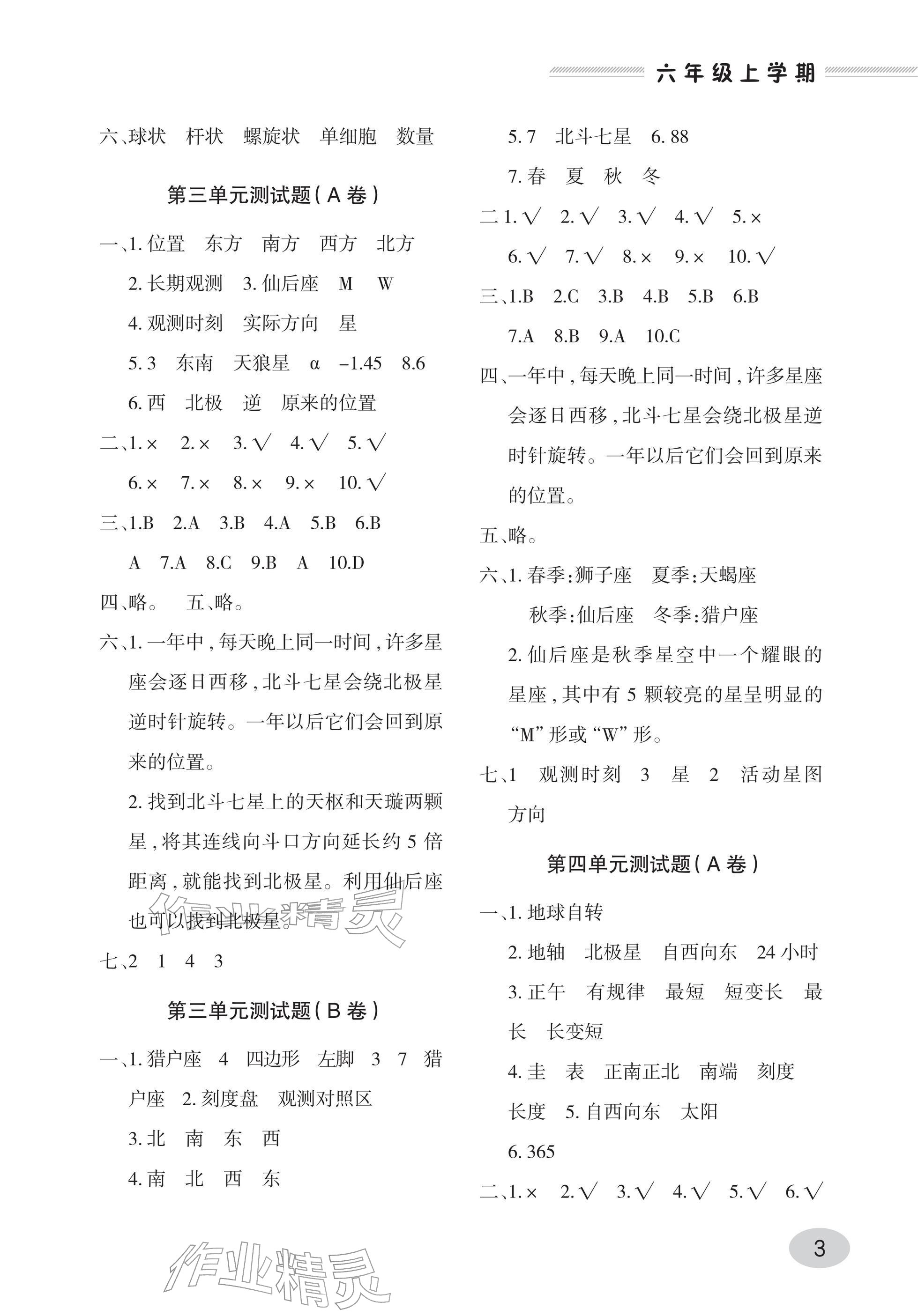 2025年单元自测试卷青岛出版社六年级科学上册青岛版&nbsp;参考答案第3页