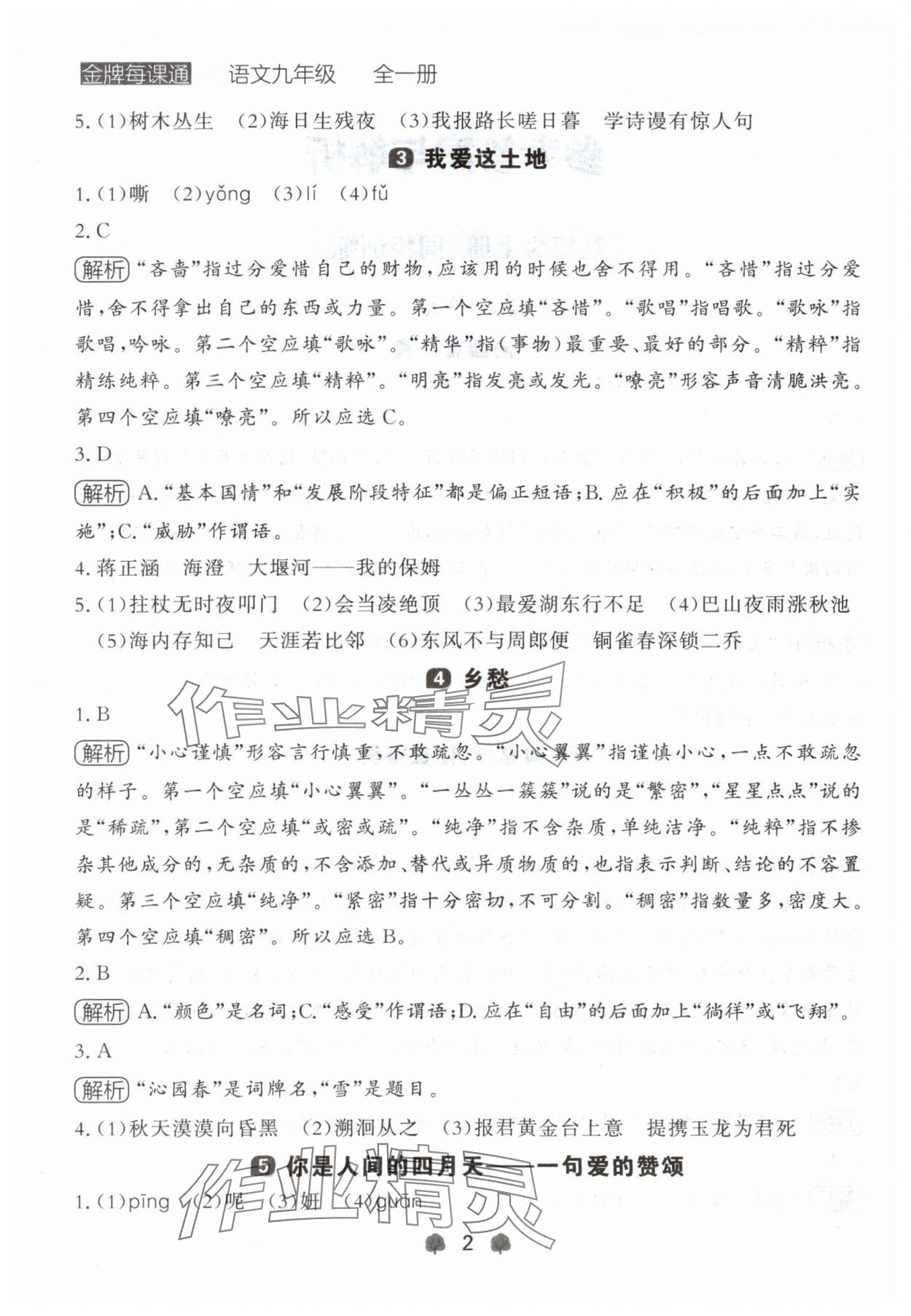 2024年点石成金金牌每课通九年级语文全一册人教版辽宁专版&nbsp;参考答案第2页
