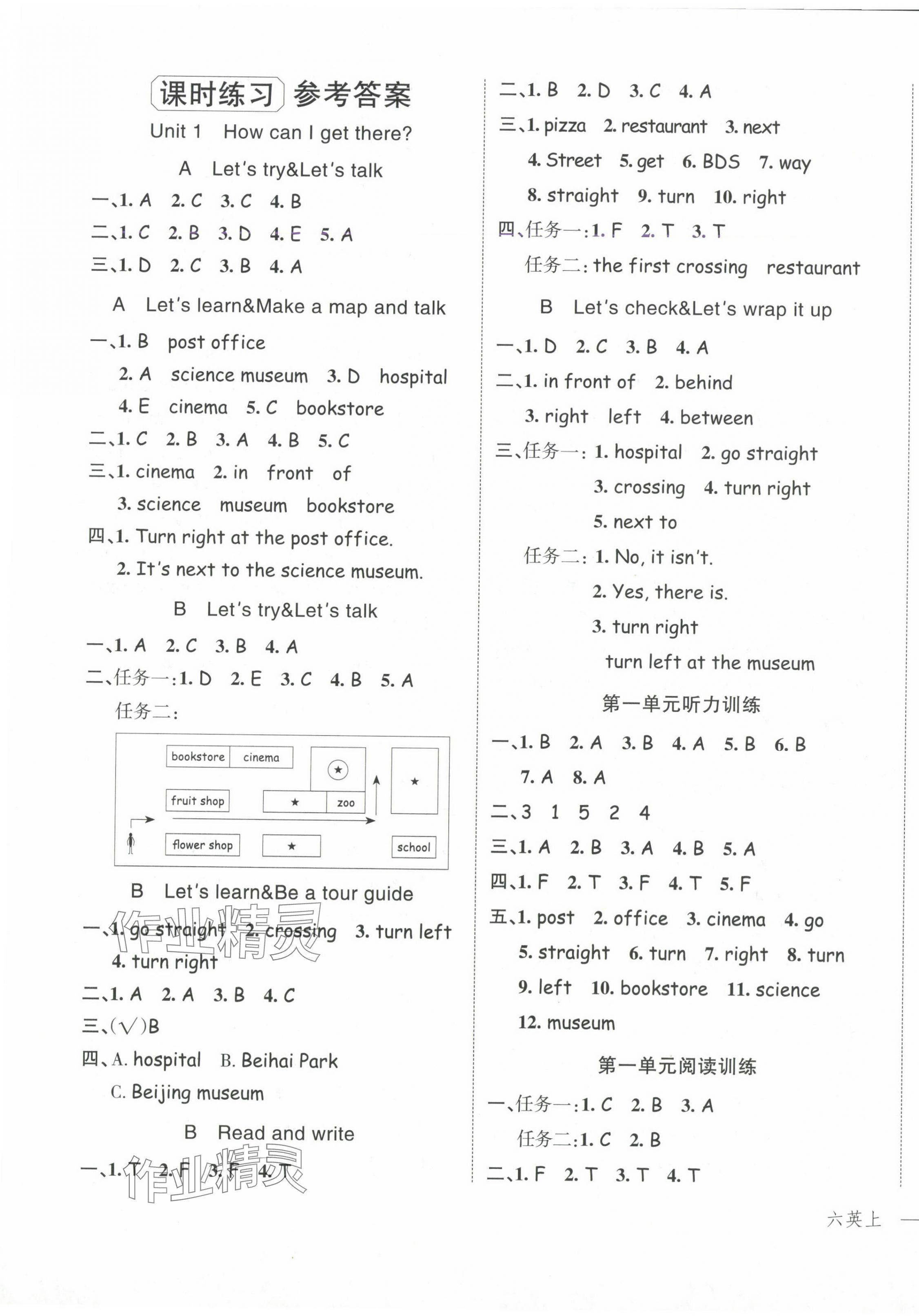 2024年名师面对面先学后练六年级英语上册人教版&nbsp;参考答案第1页