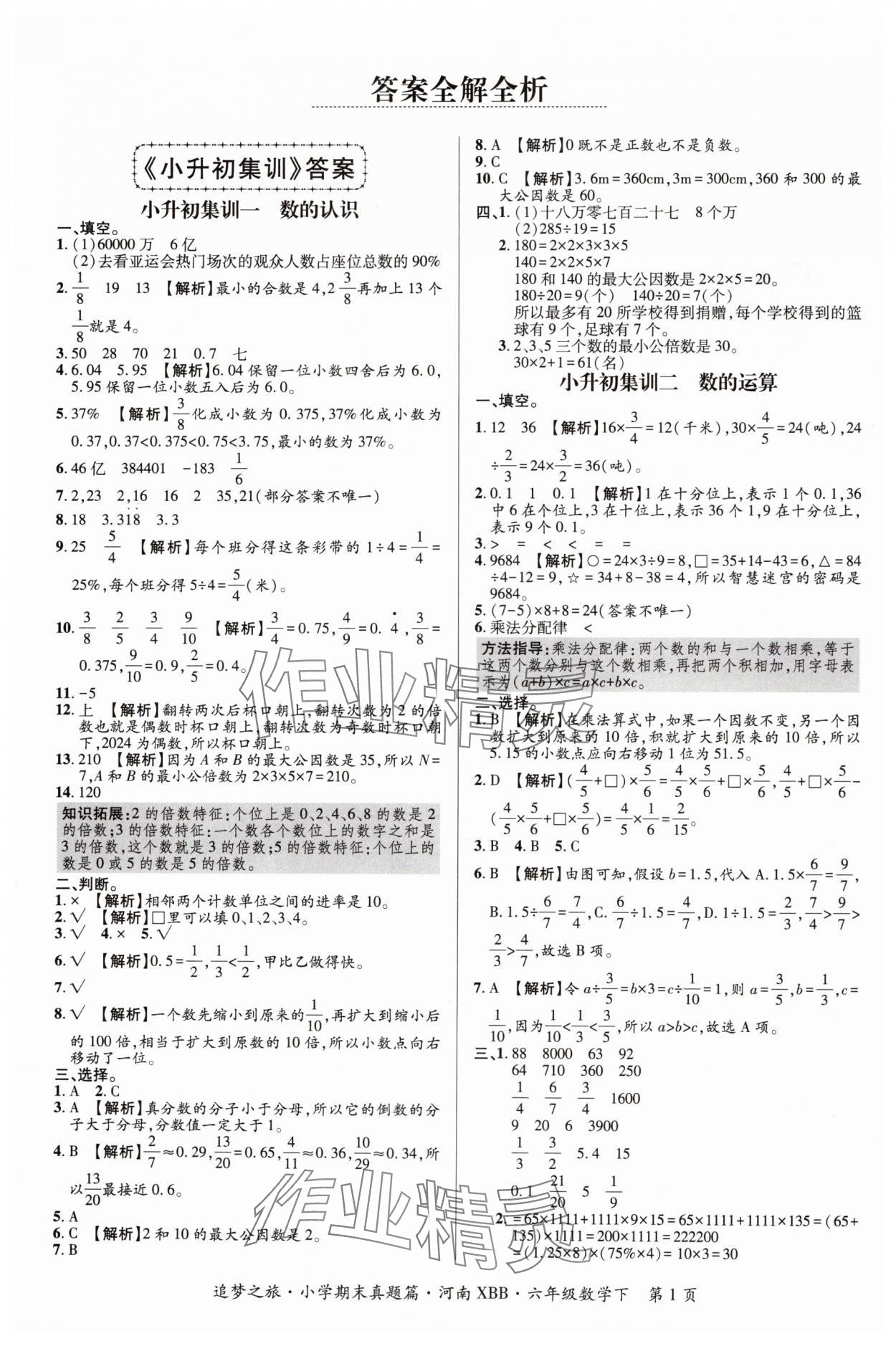 2024年追梦之旅小学期末真题篇六年级数学下册北师大版河南专版&nbsp;参考答案第1页