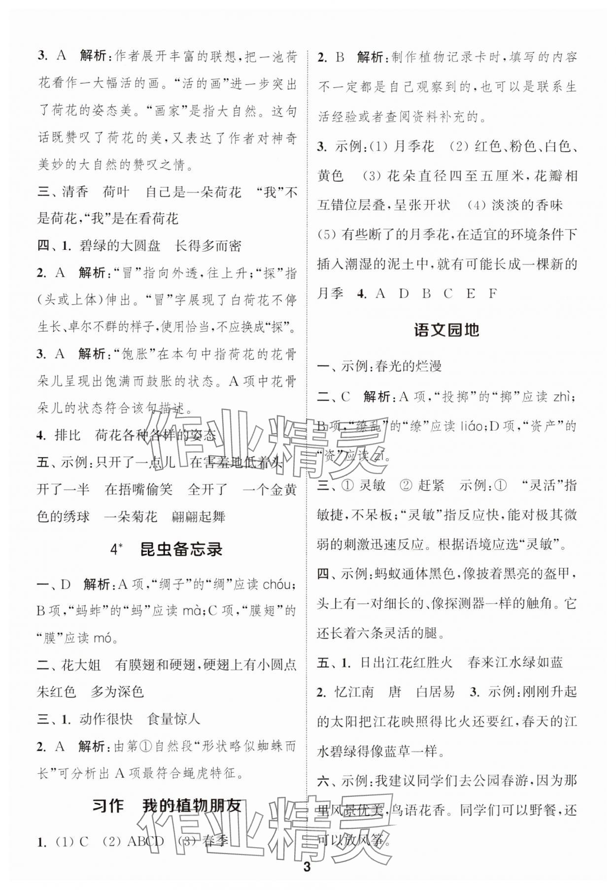 2025年通城学典课时作业本三年级语文下册人教版&nbsp;参考答案第3页