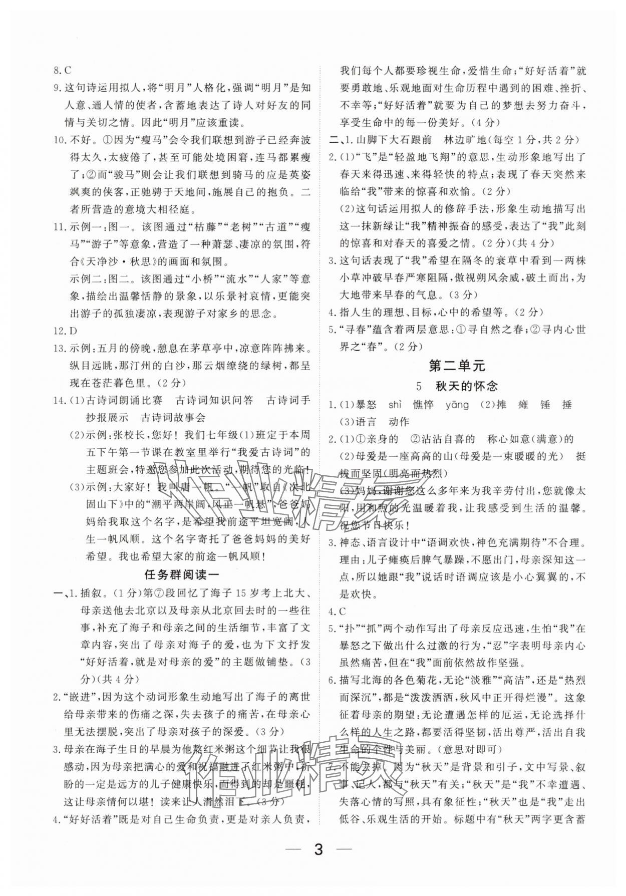 2025年我的作业七年级语文上册人教版河南专版&nbsp;参考答案第3页