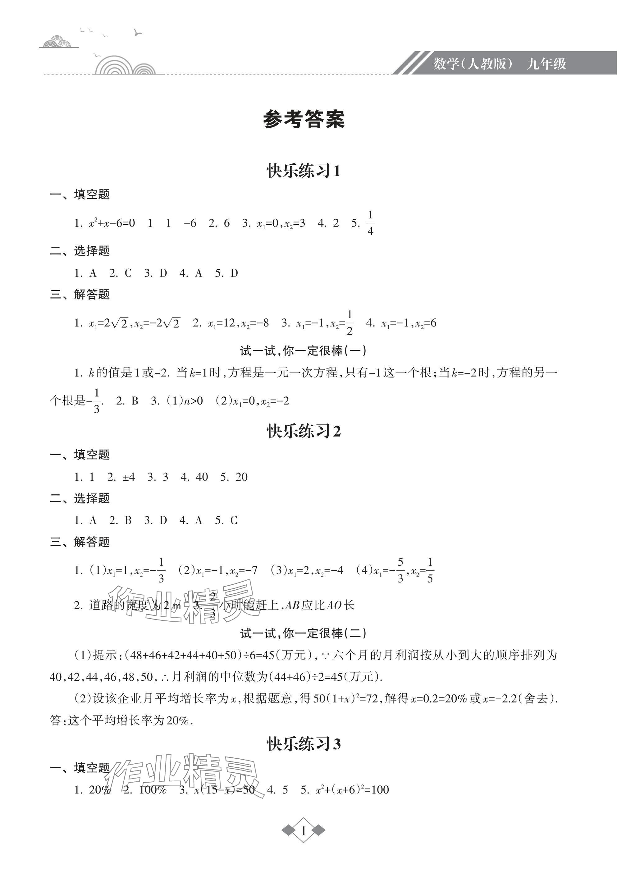 2025年寒假乐园海南出版社九年级数学人教版&nbsp;参考答案第1页