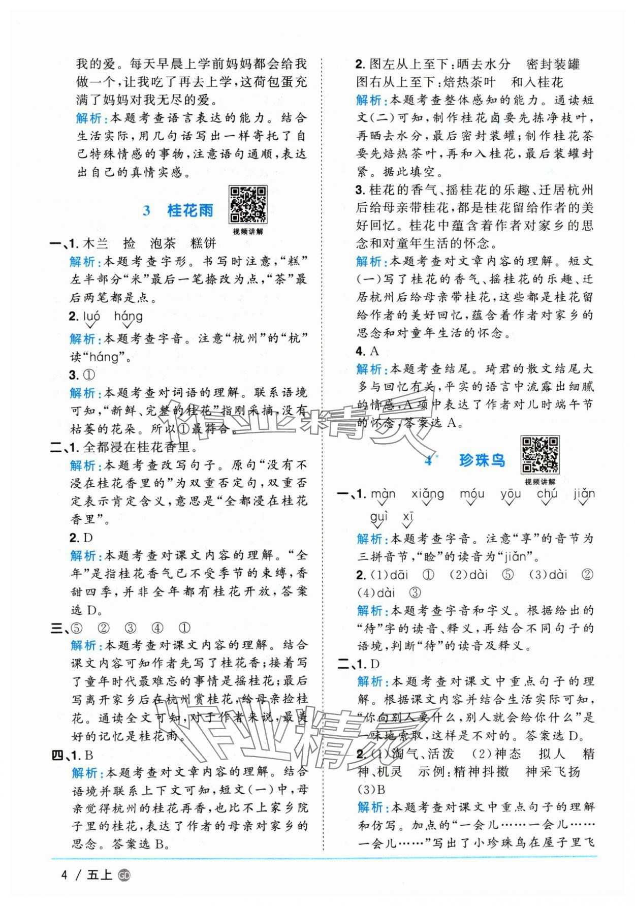 2024年阳光同学课时优化作业五年级语文上册人教版广东专版&nbsp;参考答案第4页