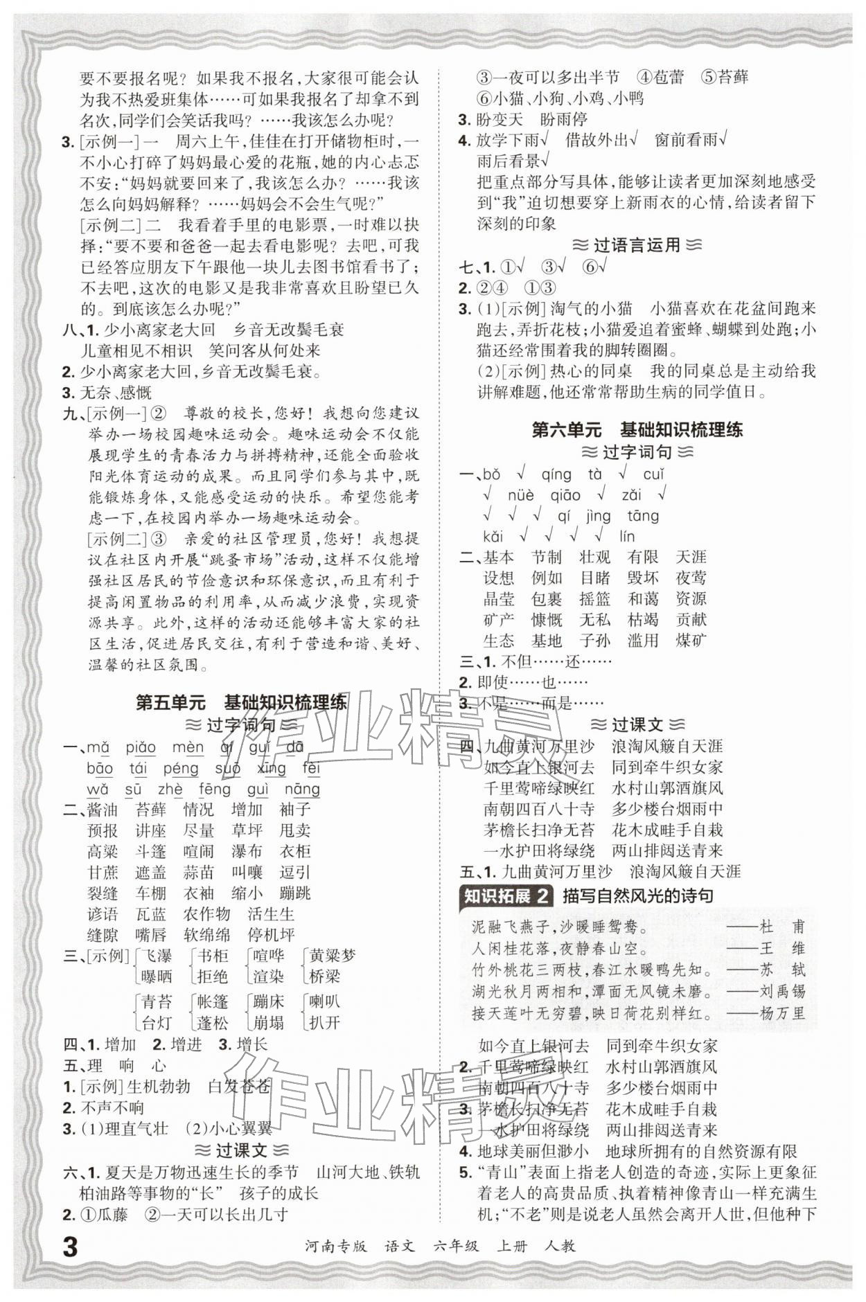 2025年王朝霞各地期末试卷精选六年级语文上册人教版河南专版&nbsp;参考答案第3页