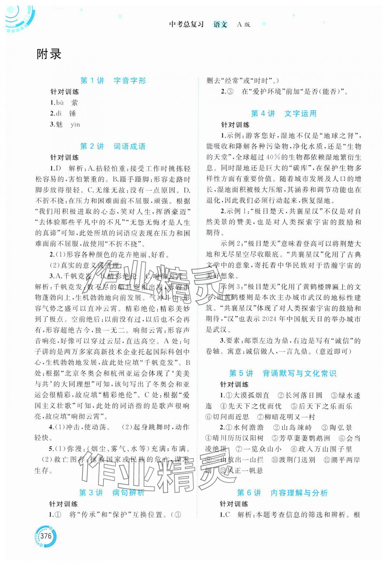 2025年中考先锋中考总复习语文&nbsp;参考答案第1页