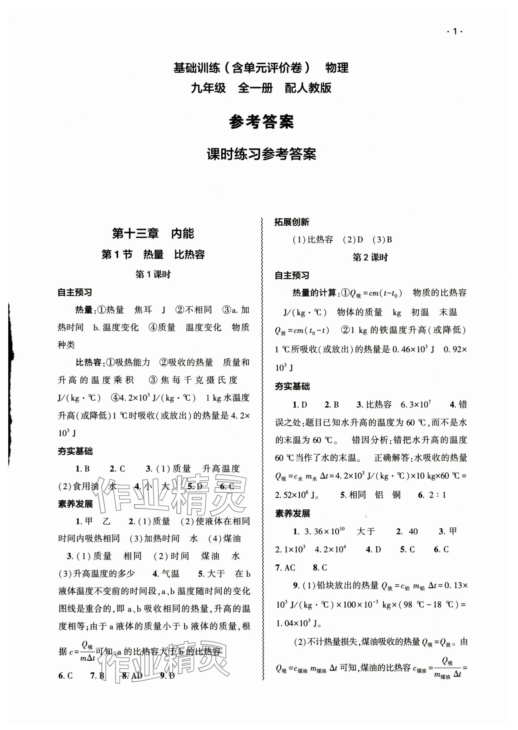 2025年基础训练大象出版社九年级物理全一册人教版&nbsp;参考答案第1页