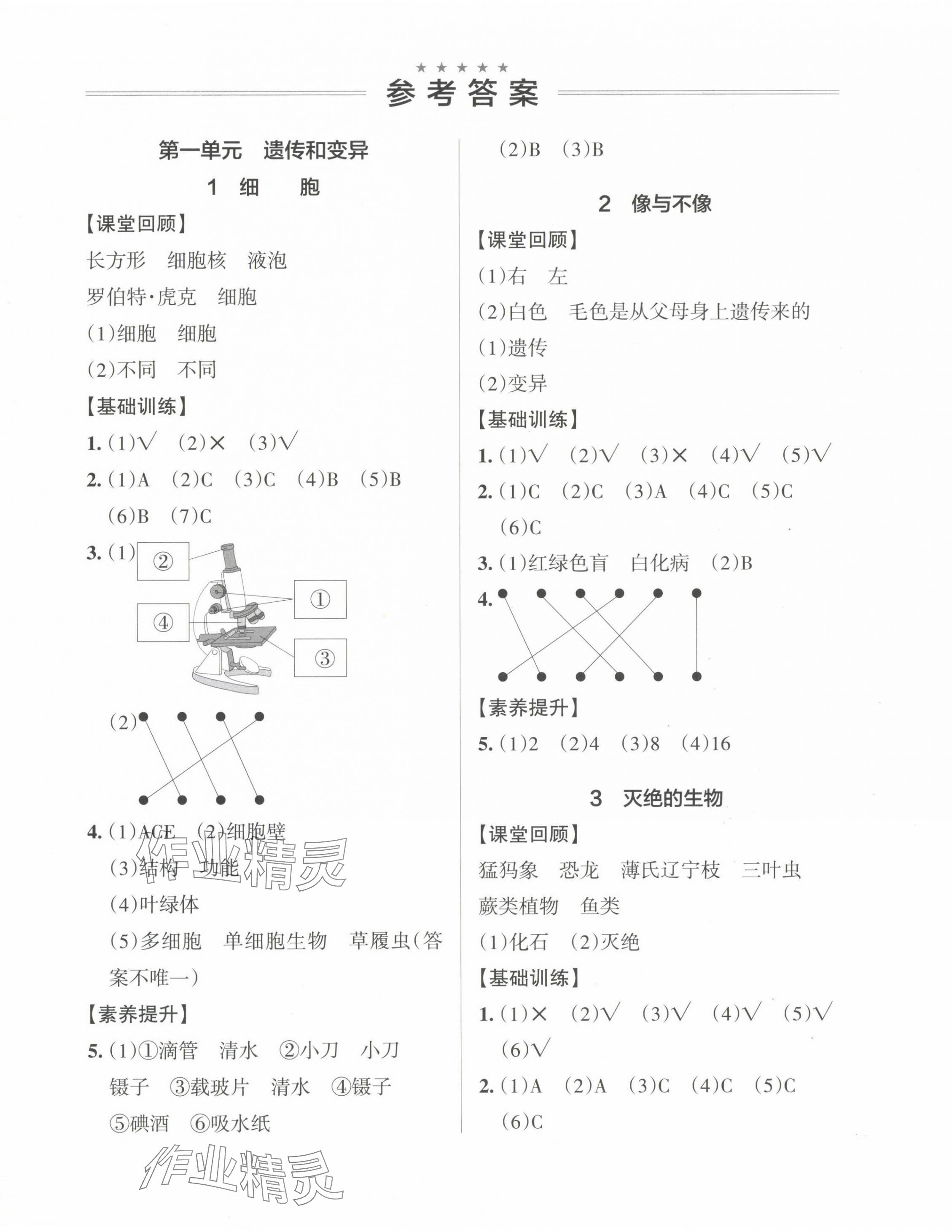 2024年小学学霸作业本六年级科学上册青岛版&nbsp;参考答案第1页