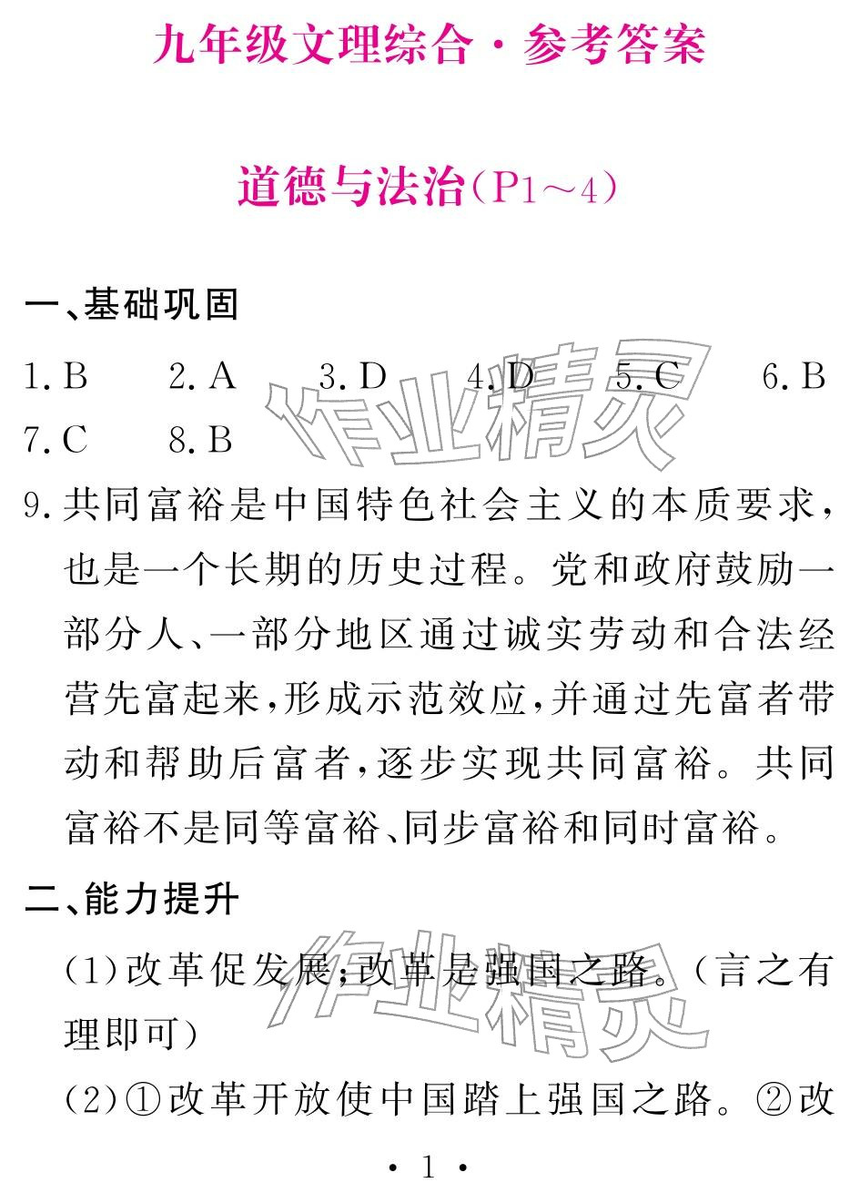2026年天舟文化精彩寒假团结出版社九年级综合&nbsp;参考答案第1页