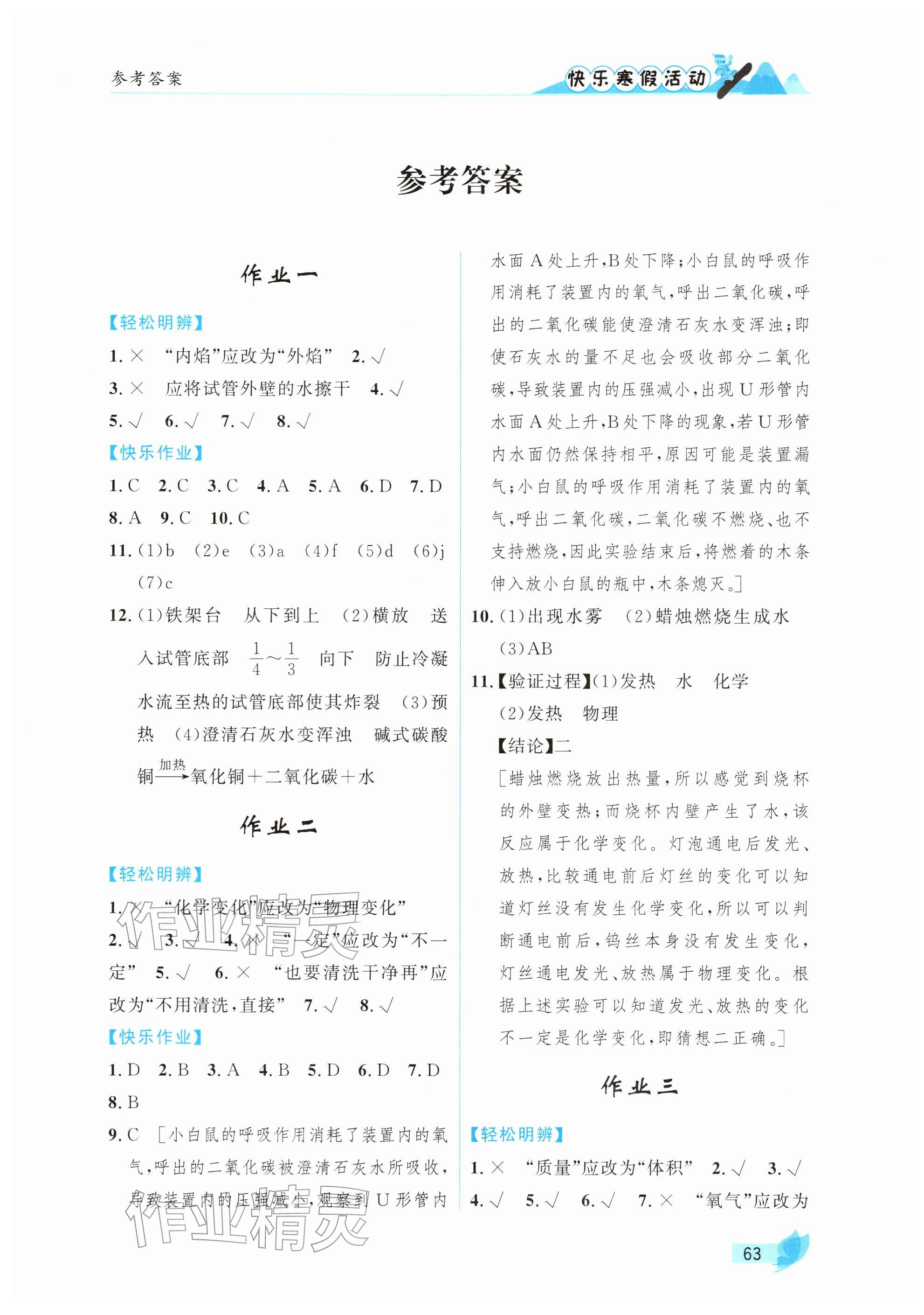 2026年快乐寒假活动九年级化学人教版&nbsp;参考答案第1页