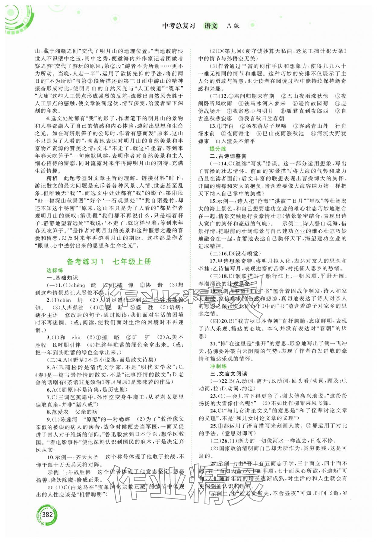 2024年中考先锋中考总复习语文人教版&nbsp;参考答案第5页