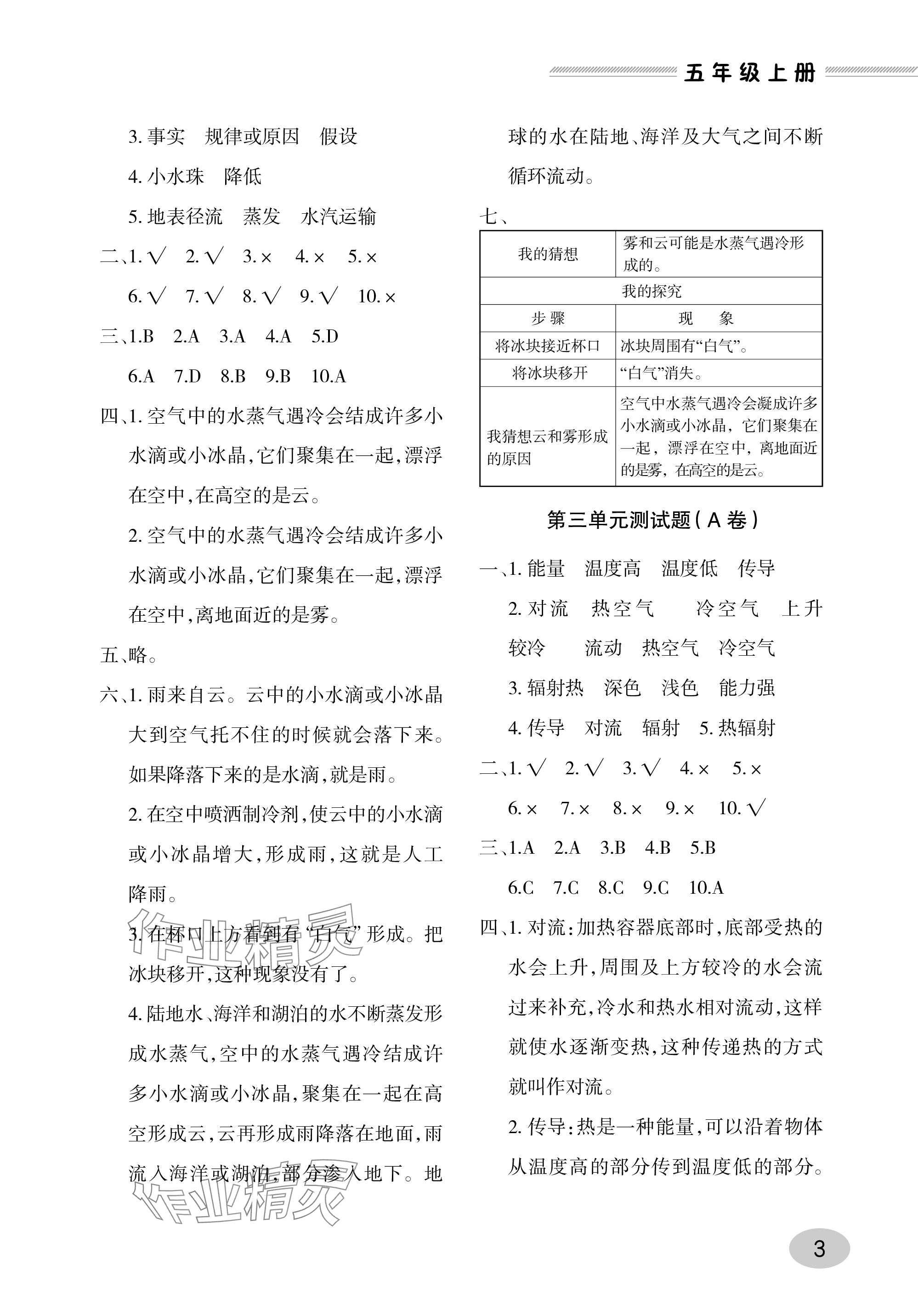 2023年单元自测试卷青岛出版社五年级科学上册青岛版&nbsp;参考答案第3页