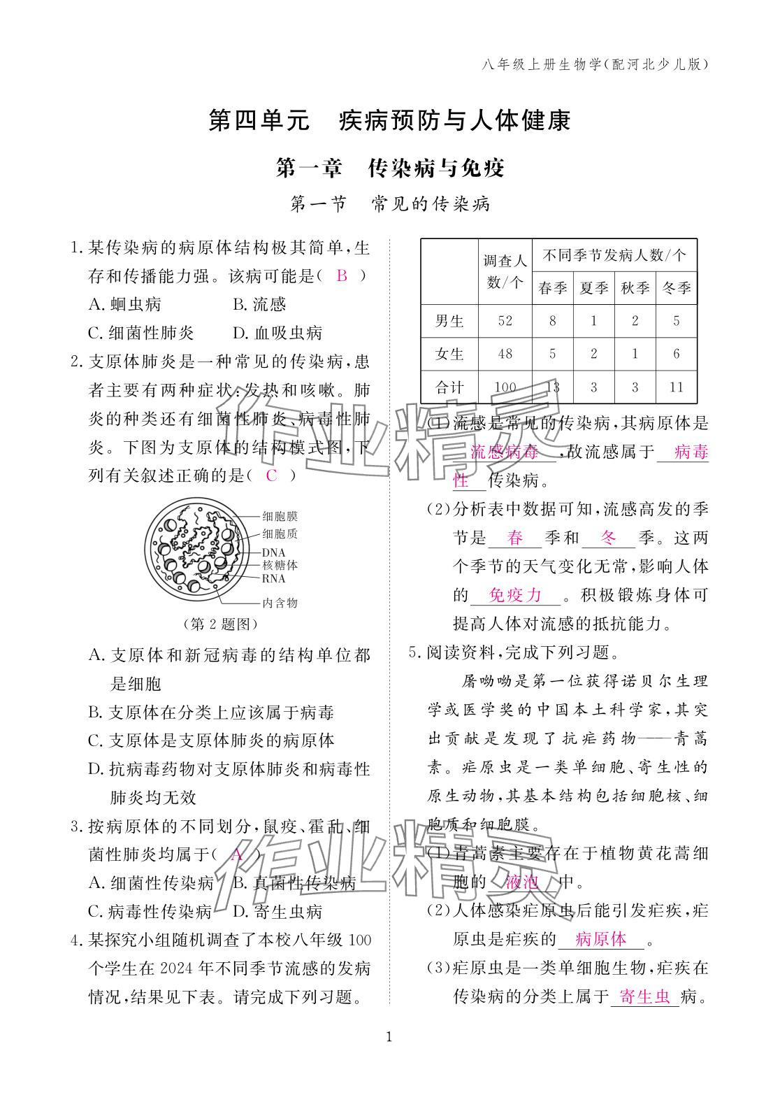 2025年作业本江西教育出版社八年级生物上册冀少版&nbsp;参考答案第1页