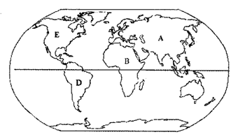 读世界海陆分布图,回答下列问题 (9 分)