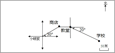 小明上學時從家裡出發向東偏北30方向走100米到商店再向正東方走50米