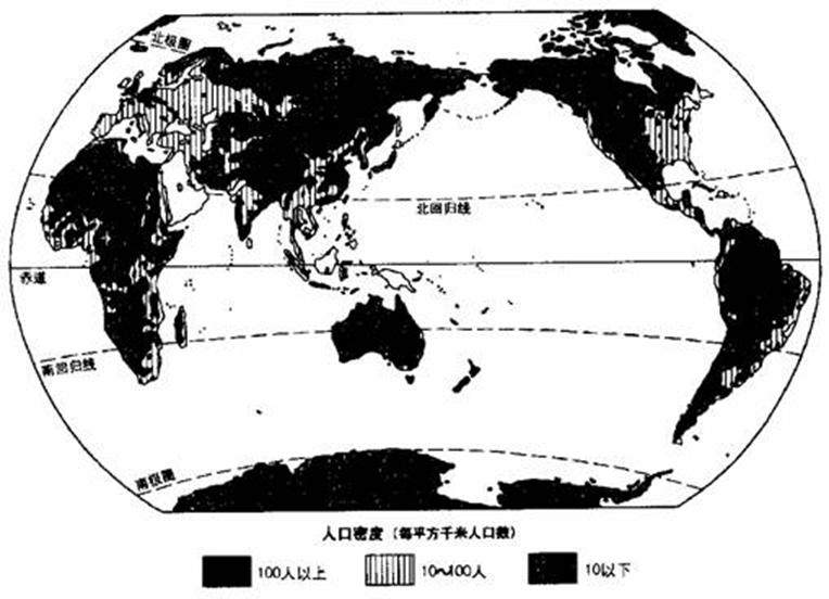 (1)按南,北半球看,人口稠密區分佈在哪個半球? 答: .