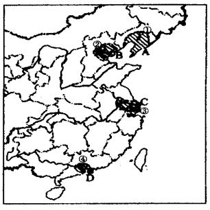 ⑴寫出字母代表的我國工業基地的名稱