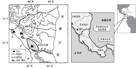 材料一:尼加拉瓜地理位置独特,素有"湖泊和火山之国"之称.