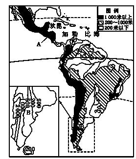 材料一 下圖為拉丁美洲地形圖(單位:m)與虛線區域內的年降水量分佈圖
