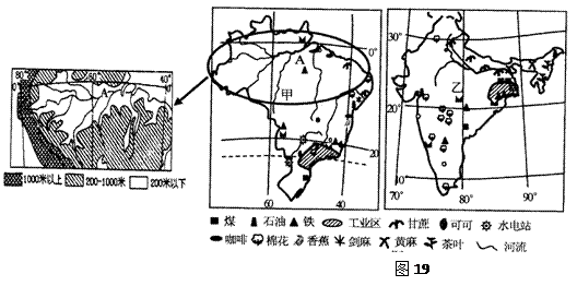 29.圖19分別是南美洲和南亞最大國家簡圖,讀圖回答下列問題.(15分)