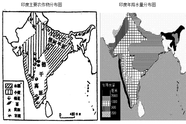 读下图回答下列问题(1)对照印度主要粮食作物分布图和降水量分布图