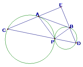 已知,如图,两圆外切于p,外公切线ab分别切两圆于a,b两点,过p的直线