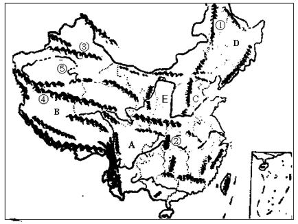 (2)寫出圖中的地形區: a 盆地,b 高原,c 平原