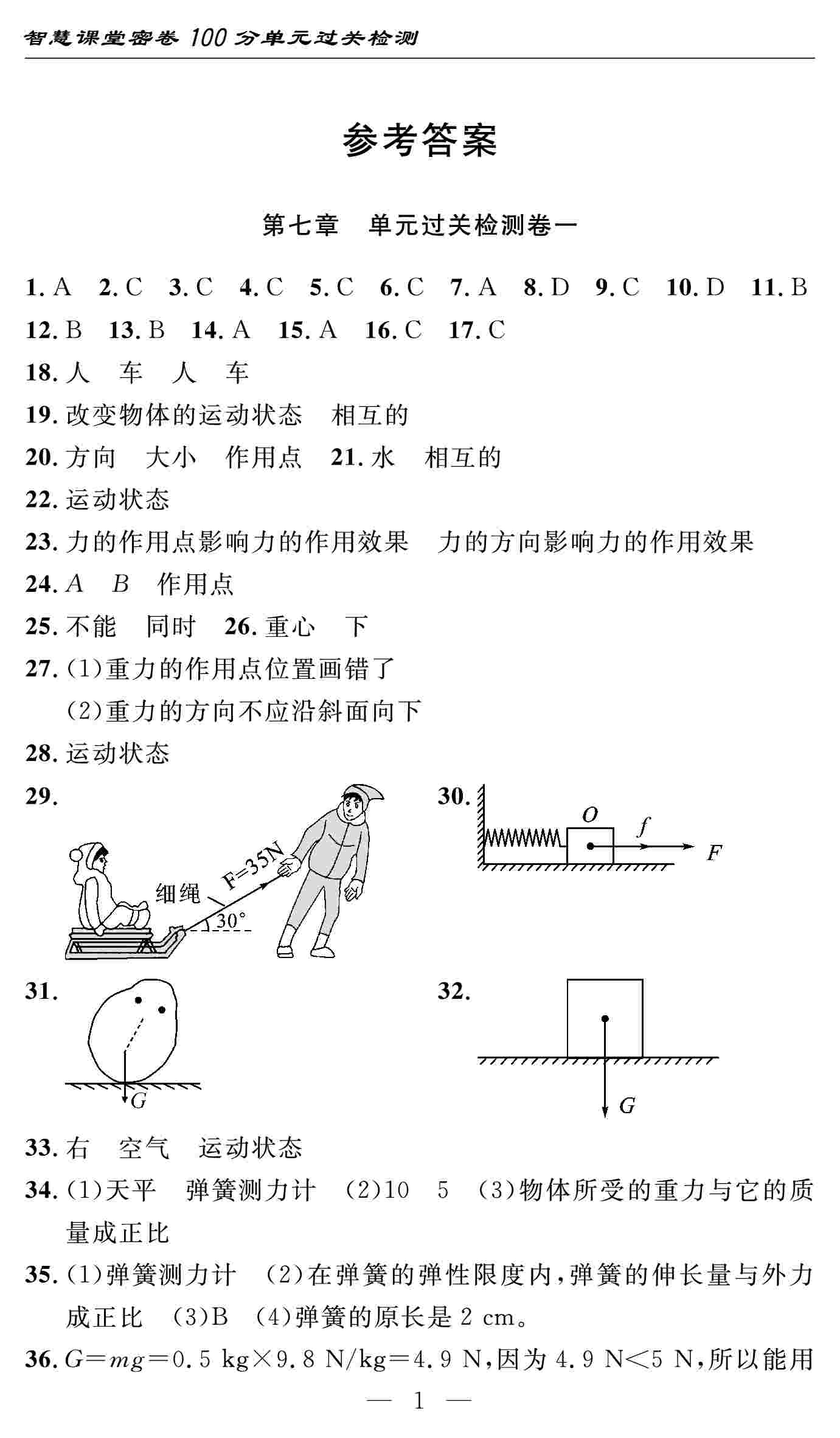 2021年智慧课堂密卷100分单元过关检测八年级物理下册人教版参考答案