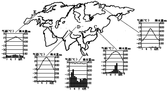 6.如图是亚欧大陆上不同位置的五个地区的气候资料图.