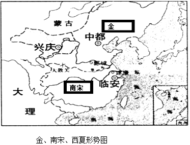 7在《金,南宋,西夏形势图》中方框里填出并立的政权名称