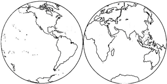如图,在图中适当位置填出七大洲和四大洋的名称.