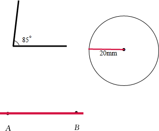 (1)画一个85°的角(2)画一个半径为20mm的圆(3)过点a.b画直线.