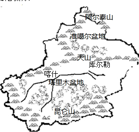 完成下列要求:(1)在上面的轮廓图中简单画出新疆的主要山脉和盆地