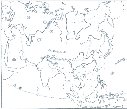 读亚洲地区图,将图中序号所代表的地理事物名称填写在横线上