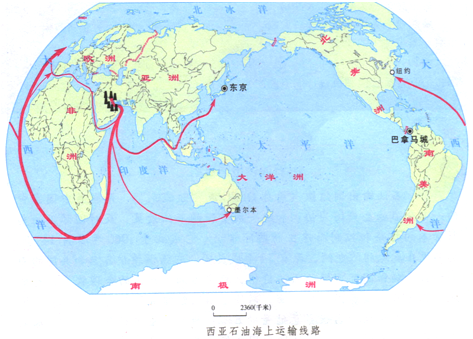 (2)石油运输路线①往东.路线是:波斯湾.霍