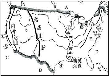 读美国本土地形图完成下列要求: ⑴美国本土西部为高大 山系北段