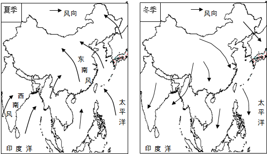 读我国冬,夏季节风向示意图,分析回答问题